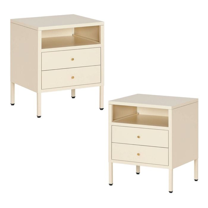Familand Set Of 2 Steel End Side Table Bedside Tables with 2x Storage Drawers Free standing in Cream