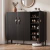 HOMFURN Black Fluted Shoe Cabinet, 4 Doors & 5 Shelves Holds 25+ Pairs, 120cm Entryway Storage Cupboard with Gold Handles