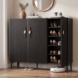 HOMFURN Black Fluted Shoe Cabinet, 4 Doors & 5 Shelves Holds 25+ Pairs, 120cm Entryway Storage Cupboard with Gold Handles