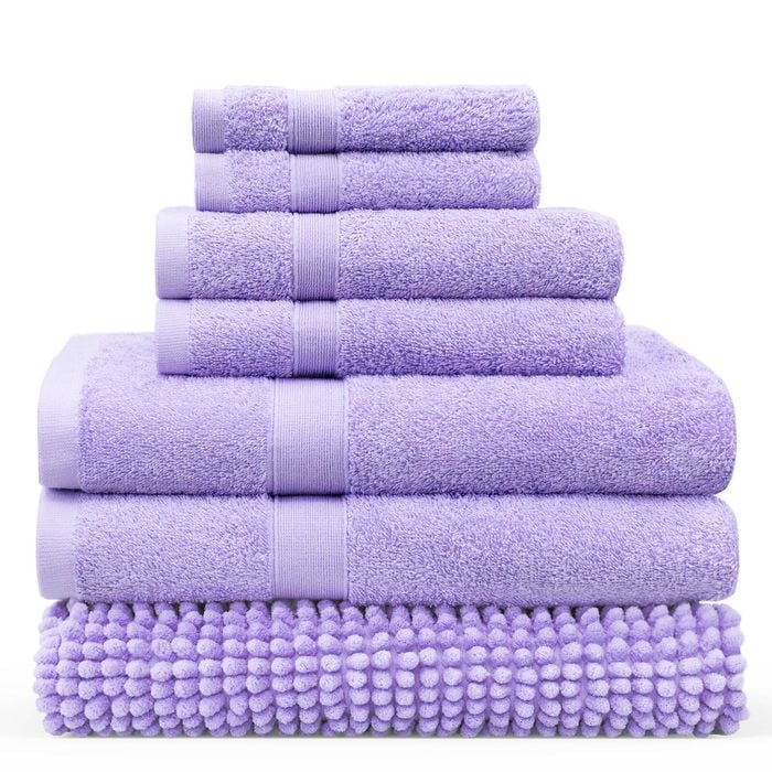 LINENOVA 7 Pieces Cotton Towels Bath Towel Hand Washer Face Cloth Bath Mat Set - Lavender