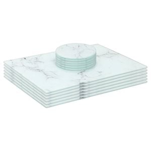 12pc Glass Placemats & Round Coasters Set - 30 x 20cm - Marble Effect - Dining Table Protection Place Mats & Coasters