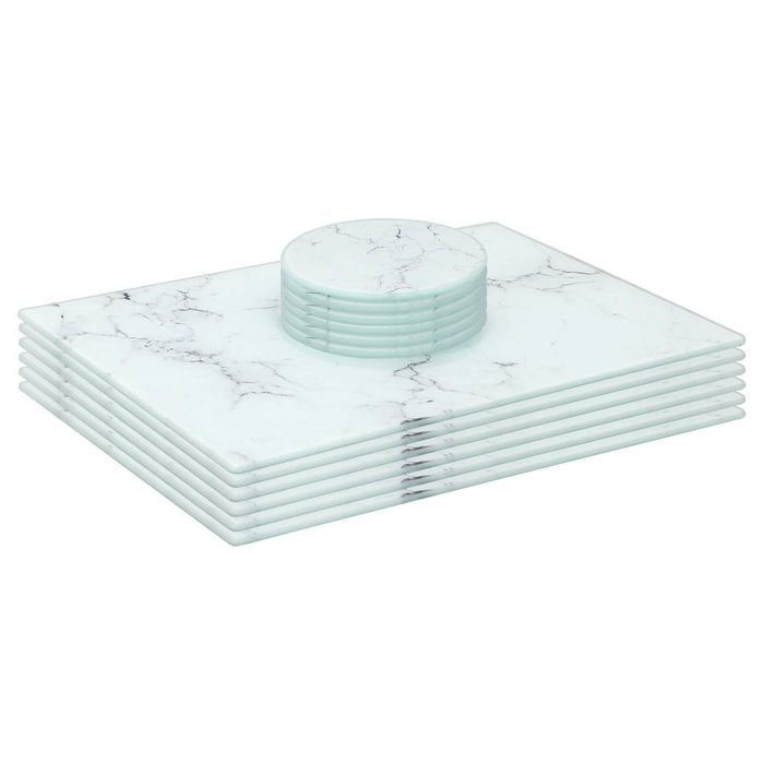 12pc Glass Placemats & Round Coasters Set - 30 x 20cm - Marble Effect - Dining Table Protection Place Mats & Coasters