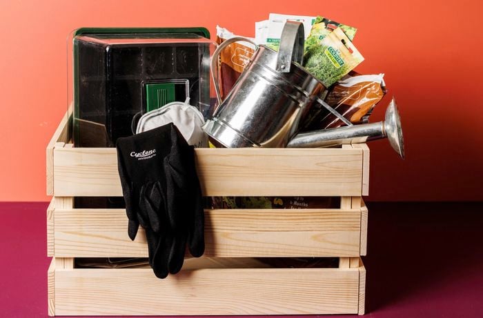 Close up of a timber box with a watering can, gardening gloves and plant seeds.