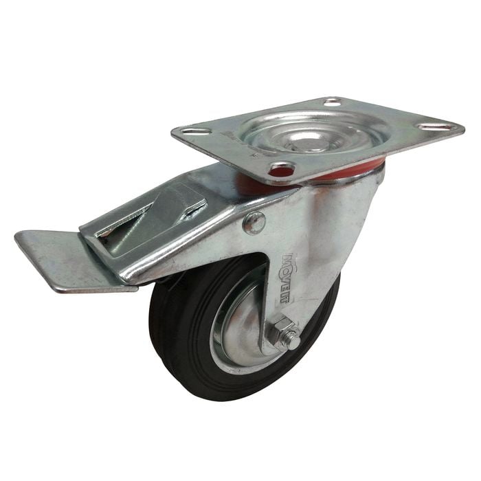 Move It 100mm 70kg Black Rubber Swivel Plate Castor With Brake