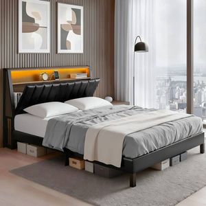 Homfurn Queen Bed Frame With Led Lighting – Storage Headboard, Charging Station, 300kg Capacity, Black