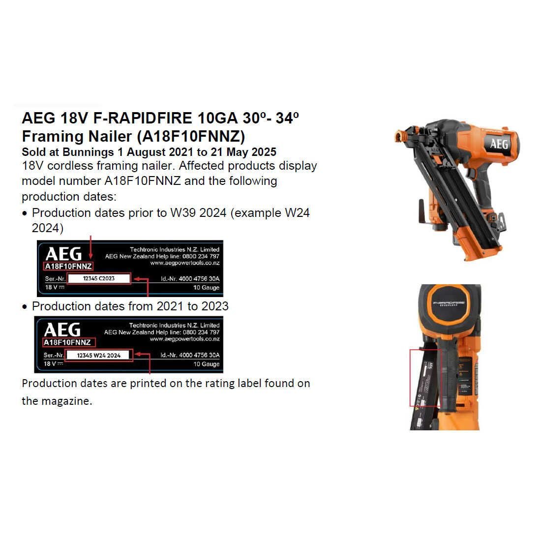 Product Recall NZ - AEG Framing Nailer