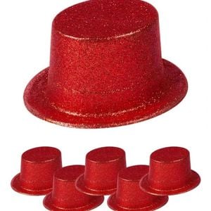 6x GLITTER TOP HAT Fancy Party Plastic Costume Tall Cap Fun Dress Up BULK Red One Size