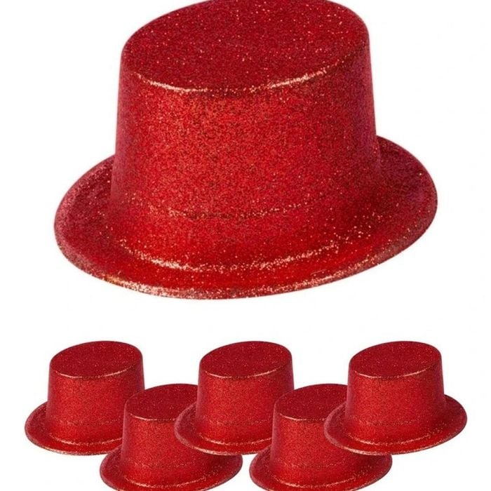 6x GLITTER TOP HAT Fancy Party Plastic Costume Tall Cap Fun Dress Up BULK Red One Size