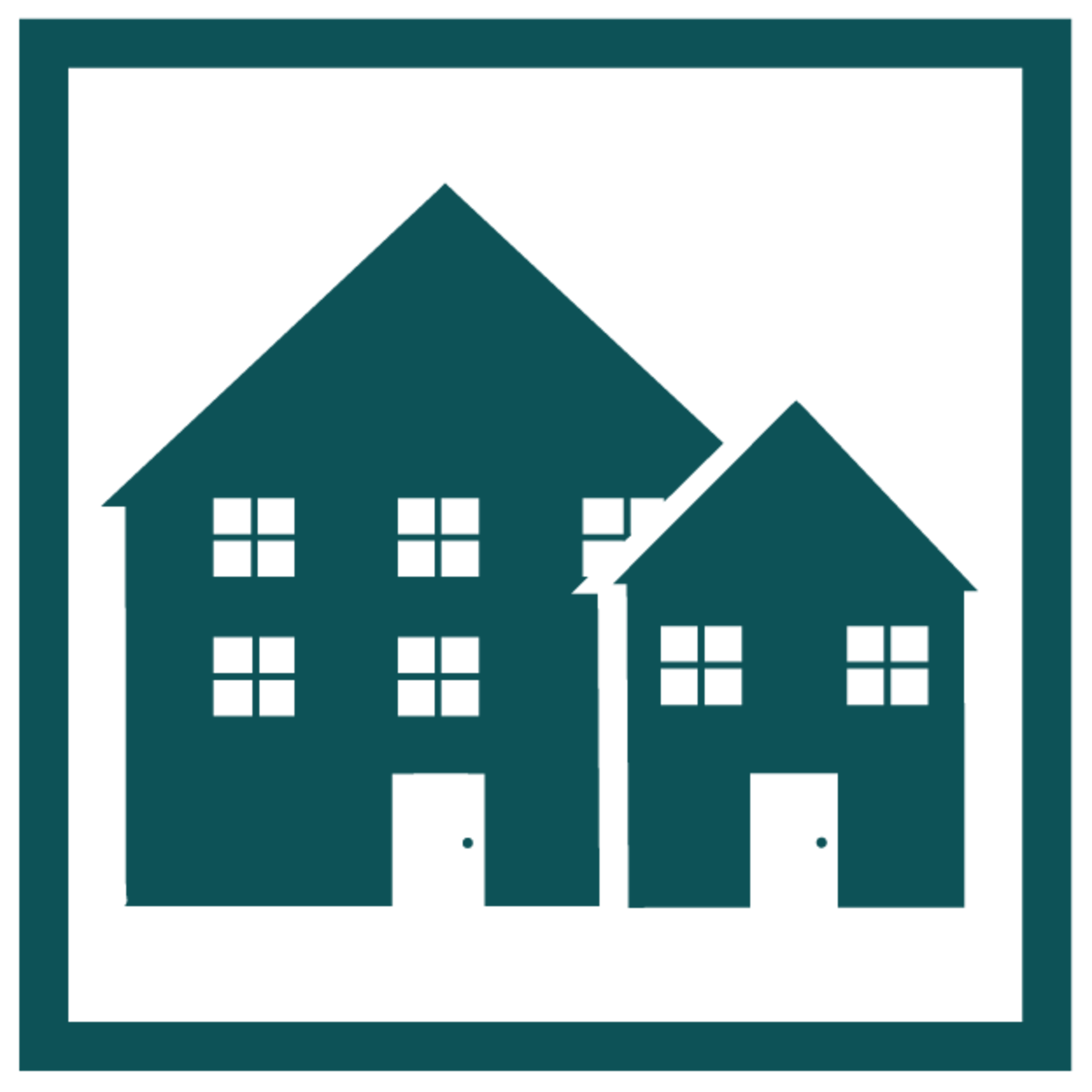Two house silhouettes inside a square border.