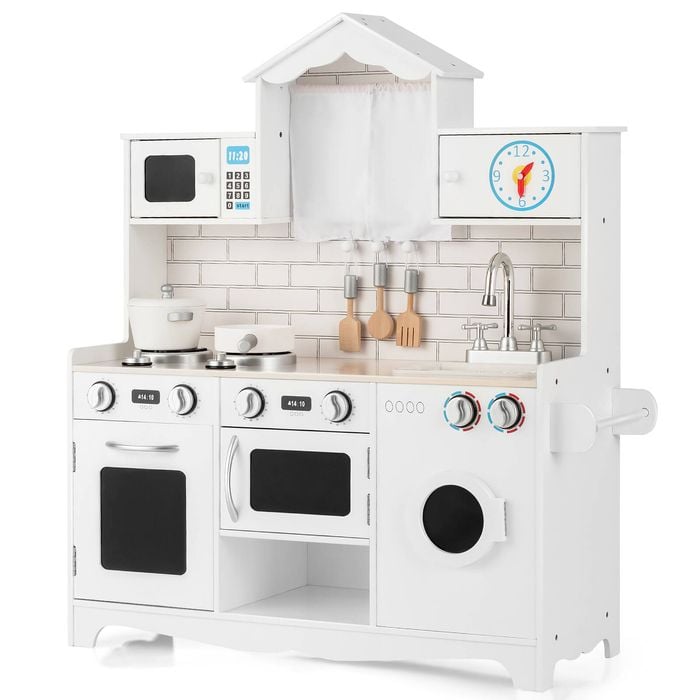 Costway Pretend Playset Kids Kitchen Wooden Role Play Cooking Set