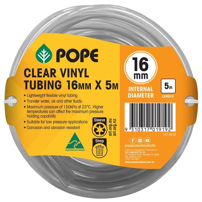 Pope 16mm x 5m Clear Vinyl Tubing
