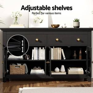 HOMFURN 130cm Black Sideboard Buffet with Glass Doors, 2 Drawers & Adjustable Shelves, 60kg Capacity Hallway Cabinet