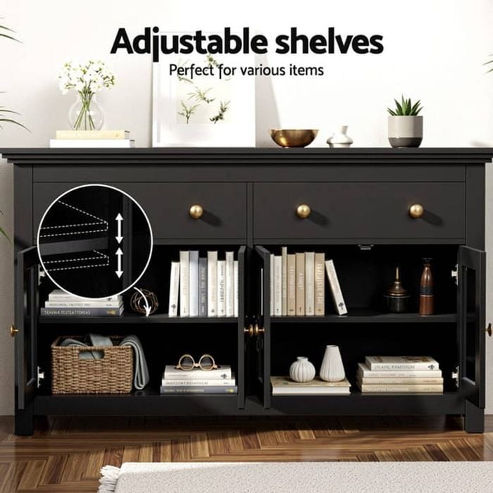 HOMFURN 130cm Black Sideboard Buffet with Glass Doors, 2 Drawers & Adjustable Shelves, 60kg Capacity Hallway Cabinet