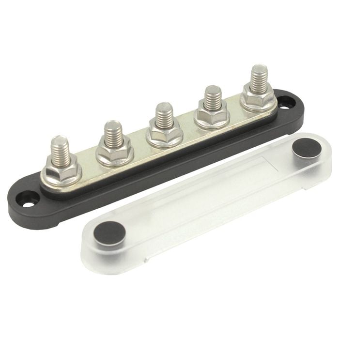 Switch Boss Black Negative 5 Gang M8 150A Bus Bar with Clear Push-On Cover for 12v/24v