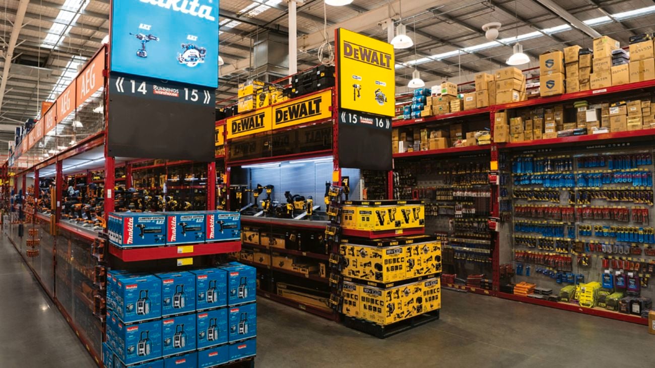 Makita and DeWALT power tools in Bunnings Warehouse aisles inside their revamped Tool Shop set-up