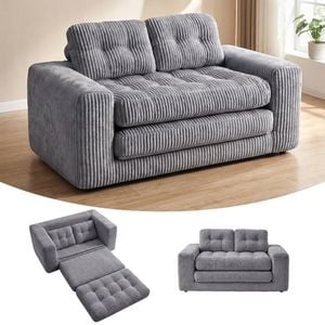 Advwin Folding Sofa Bed 2 in 1 Convertible Floor Loveseat Sofa Fold Out Corduroy Sleeper Couch w/ 2 Pillows Grey