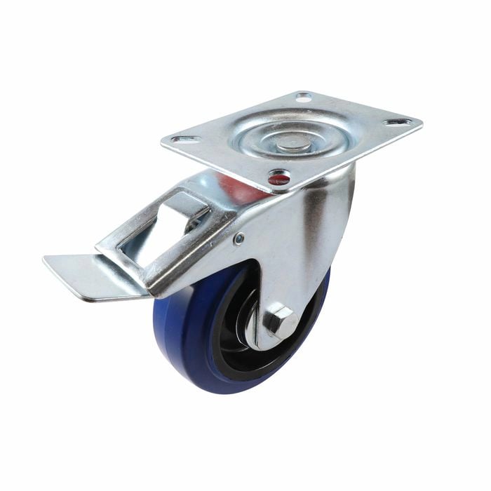 Easyroll 100mm 150kg Blue Elastic Rubber Swivel Plate Castor With Brake