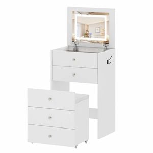Ufurniture Dressing Table Set With Glass Desktop & 4 Drawers 3 In 1 Vanity With Flip-up 3 Color Led Mirror Wheel Stool White