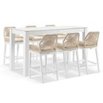 Hugo Outdoor Ceramic 2m Rectangle Aluminium Bar Table with 6 x Hugo Rope Bar Stools 6 Seats - White - Cream