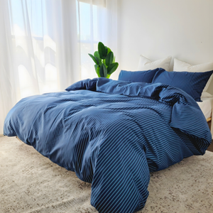 King Single Quilt Cover Set – 100% Cotton – Doona Cover Set (Blue Stripe)