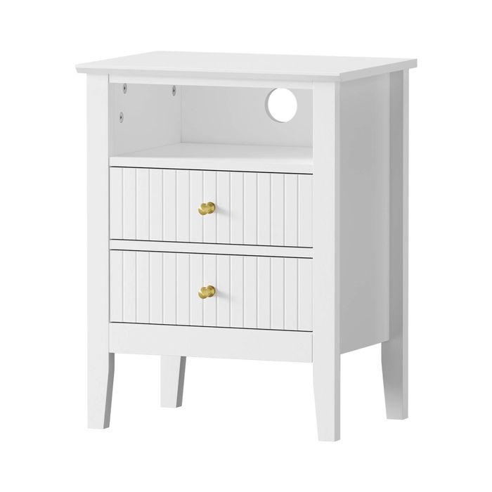 Oikiture Bedside Table Nightstand 2 Drawer with Shelf White