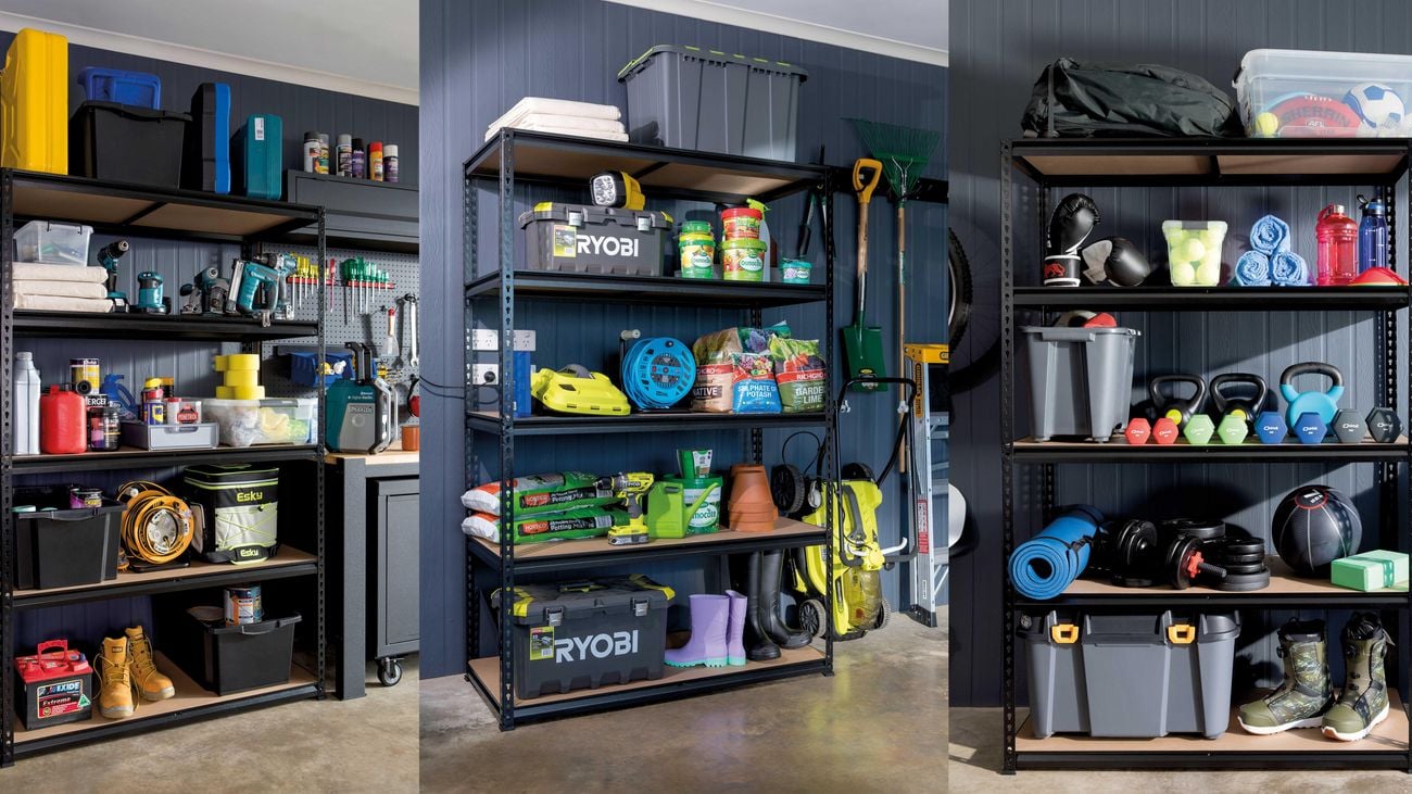 3 garage shelves with different organisations - tools, garden and sports equipment