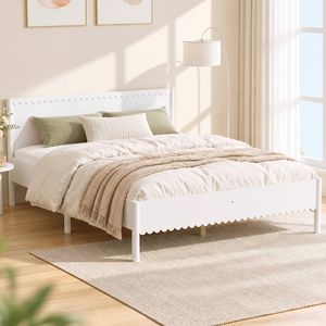 Oikiture Scalloped Bed Wooden Bed Frame Solid Pine Timber Double White