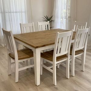 Leura Belle Rustic 6 Seater Rectangle Dining Table And Chairs Setting - Distressed White Honey top