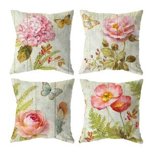 Catzon 4 Pcs Vintage Floral Pillow Covers Cotton Linen Pillowcases for Couch-H