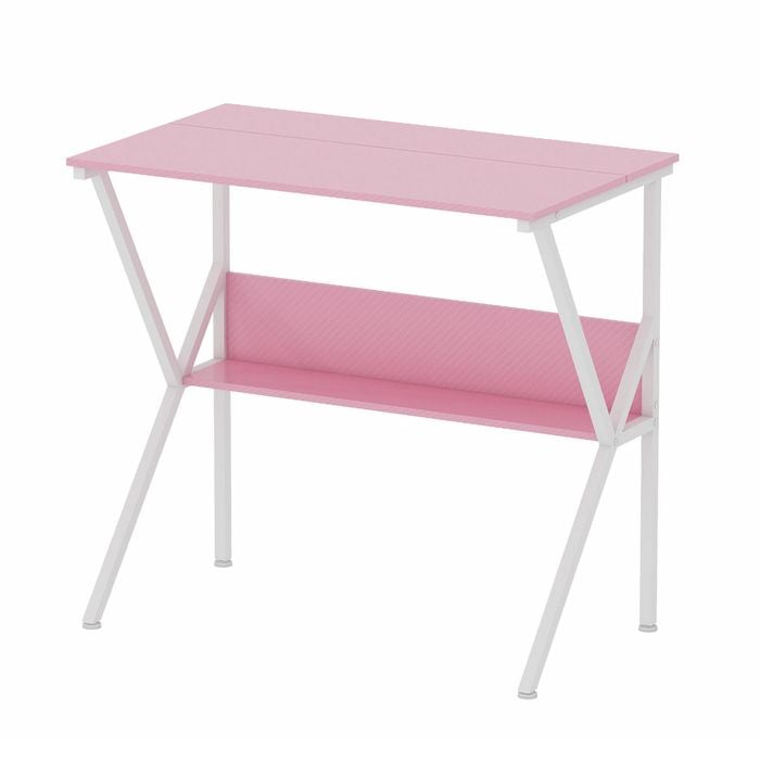 Advwin 80cm Small Computer Desk with Monitor Stand Writing Table with Shelf Pink
