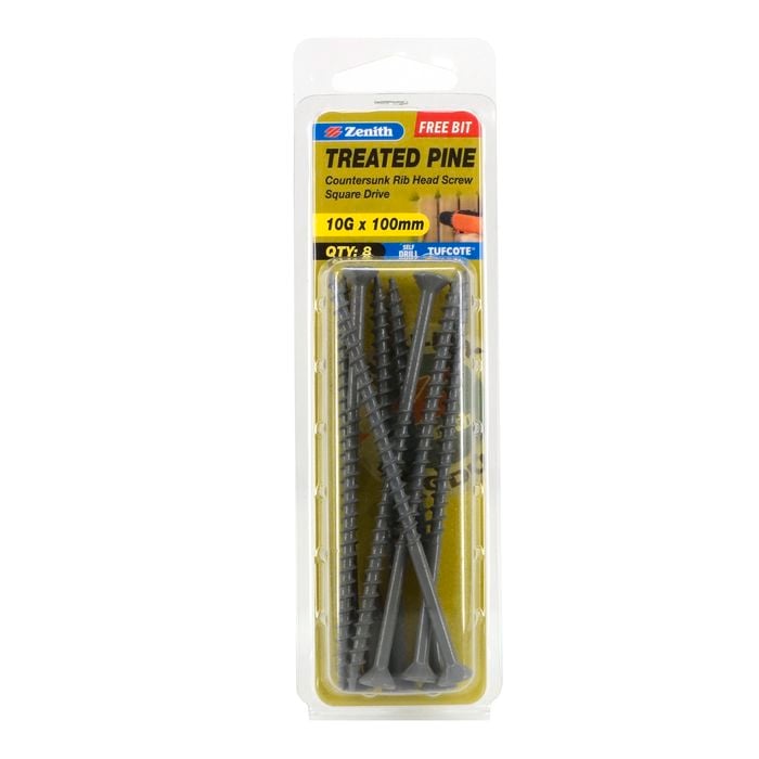 Zenith 10G x 100mm Tufcote® Countersunk Rib Head Treated Pine Screws - 8 Pack