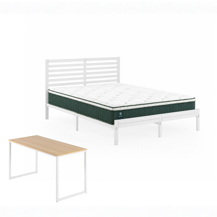 Zinus Double Kai Bamboo Metal Bed Frame & Mattress Set with 140cm Computer Desk, Green Premium Euro Top