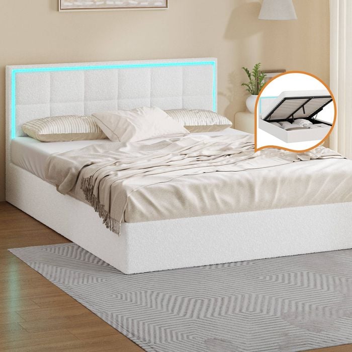 Oikiture Bed Frame Beds Base Gas Lift LED Queen