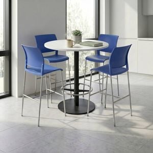 Olg Bar Leaner Bundle: Disc Base 1050mm Round Bar Leaner Black Frame White Top + 4 Game Plain Shell Barstools Indigo