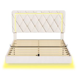 Ufurniture Led Floating Bed Frame With Charging And Button-tufted Queen Beige