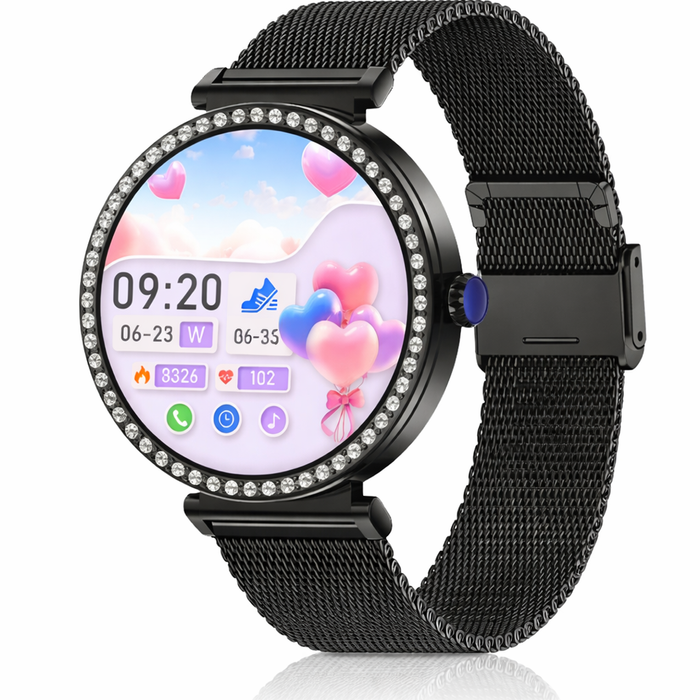 Gps Smart Watch For Fitness Tracker Heart Rate Voice Call Diamond Design Black Mesh