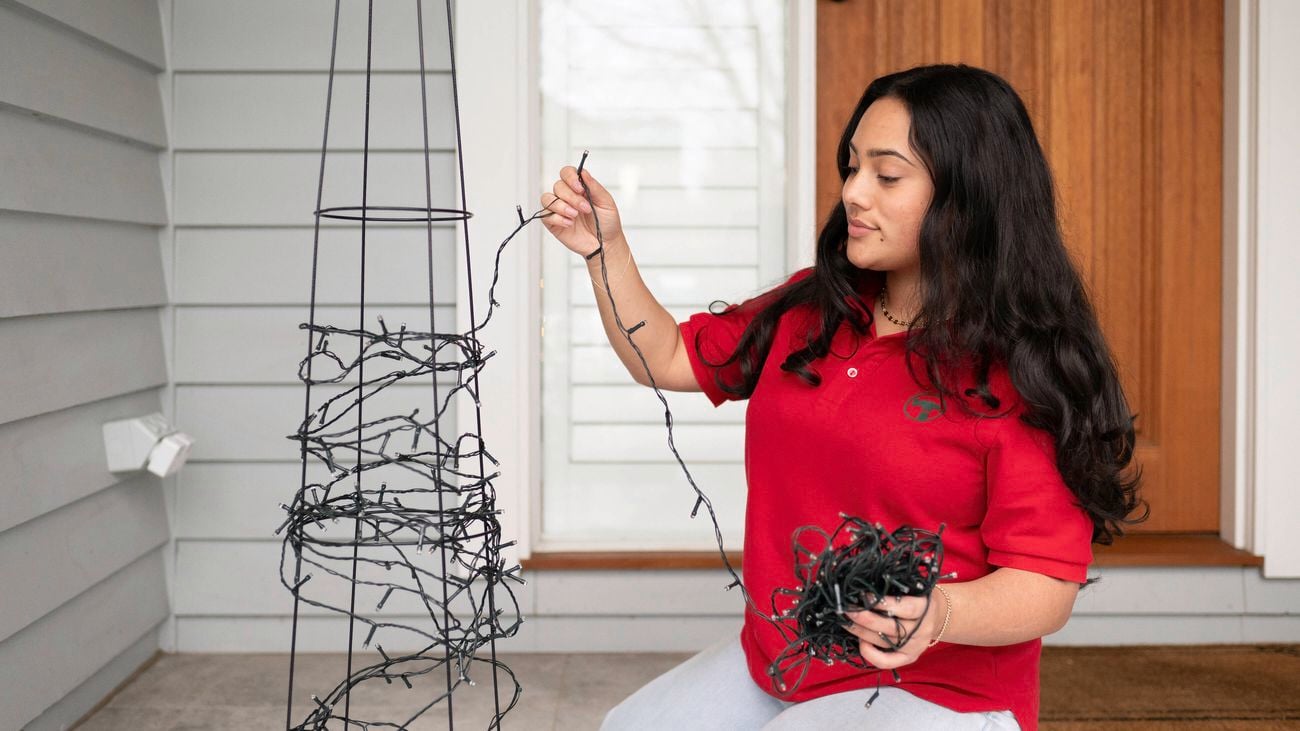 A woman in a red shirt is wrapping string lights around a plant trainer placed in an outside area
