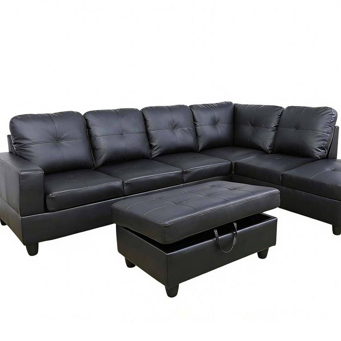 DS New Vega PU Sectional Sofa with Ottoman - Black
