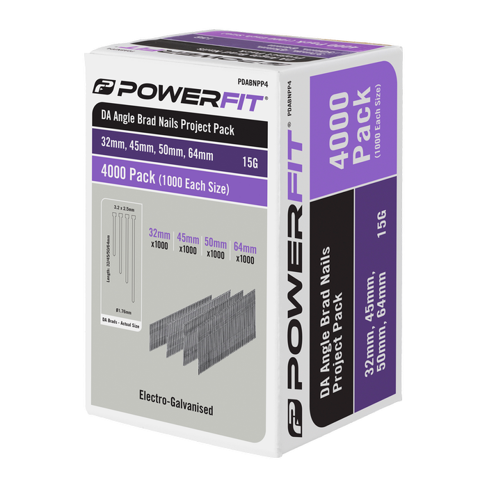 PowerFit 4000 Piece Electro-Galvanised DA Angled Brad Nail Project Pack