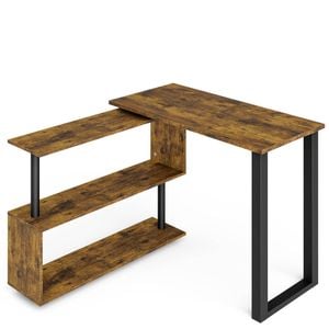 Advwin 360° Rotating Computer Desk L-Shaped Desk with Bookshelf Corner Desk Walnut