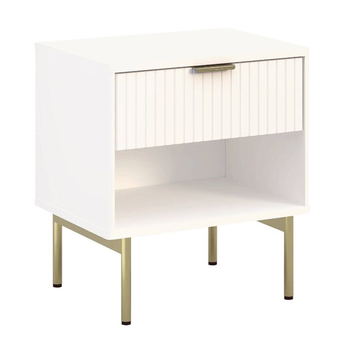 White Fluted Drawer Bedside Table with Gold Metal Legs Open Storage Nightstand for Bedroom