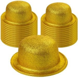 24x GLITTER BOWLER HAT Fancy Party Plastic Costume Cap Fun Dress Up Sparkle BULK Yellow/Gold
