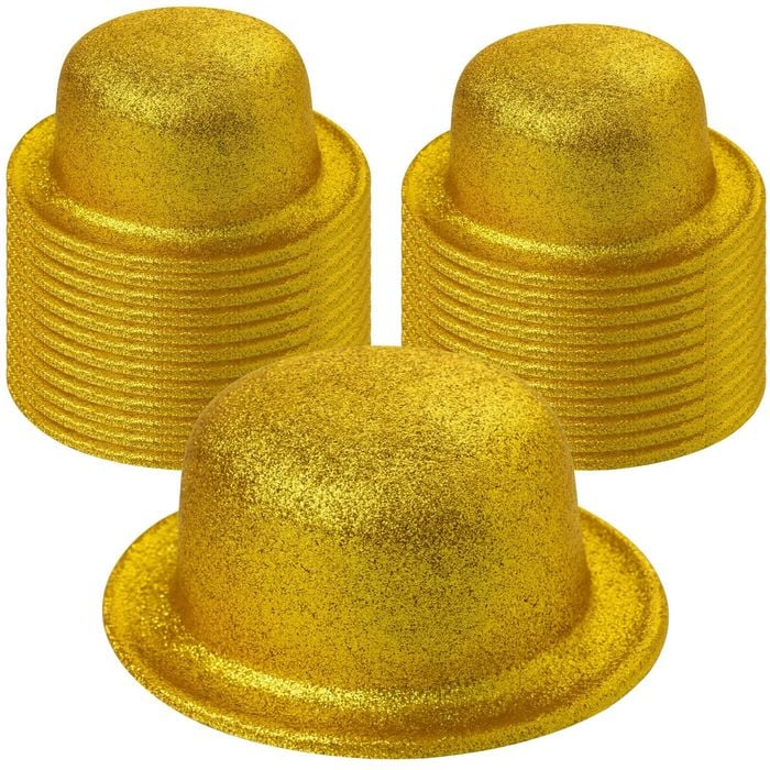 24x GLITTER BOWLER HAT Fancy Party Plastic Costume Cap Fun Dress Up Sparkle BULK Yellow/Gold