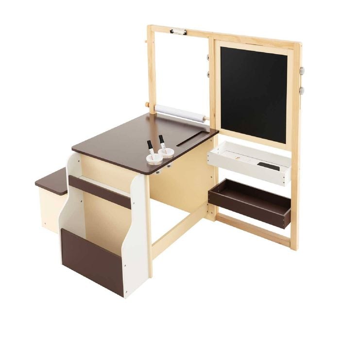 Costway 3in1 Kids Table Set Double-sided Art Easel With Bookshelf Brown