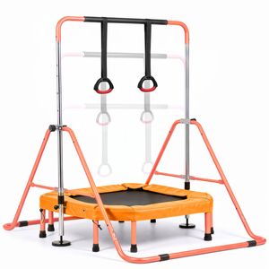 Advwin Kids Gymnastics Bar, Horizontal Bar with Detachable Trampoline & Rings, Foldable Kip Bar, Ages 3-8