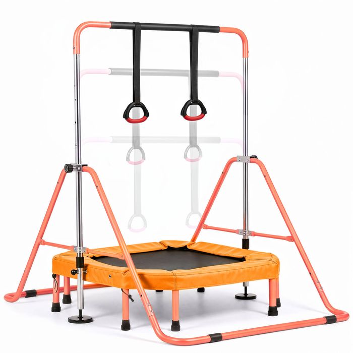 Advwin Kids Gymnastics Bar, Horizontal Bar with Detachable Trampoline & Rings, Foldable Kip Bar, Ages 3-8
