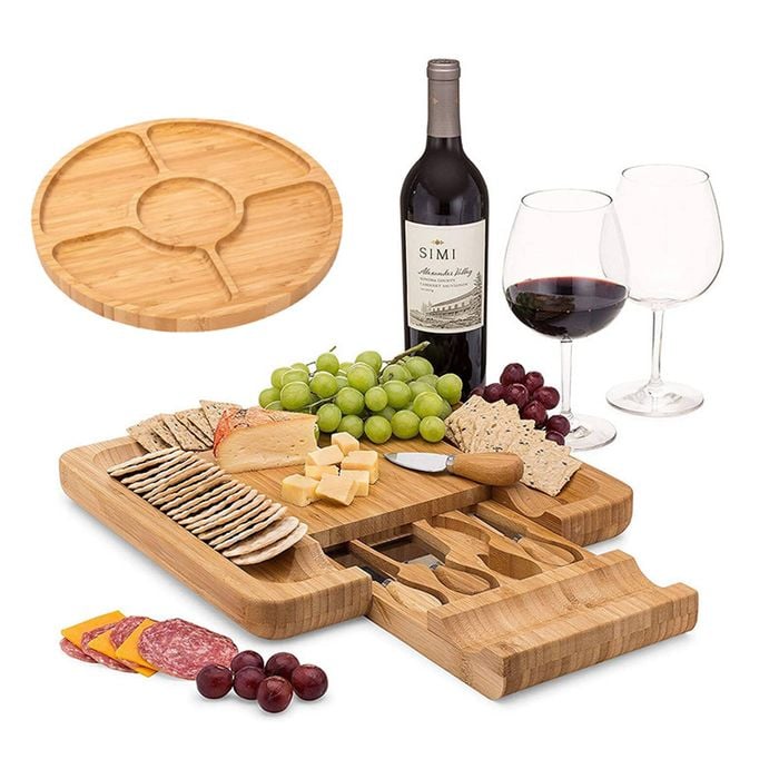 Catzon 2Pcs Bamboo Cheese Board Set Slide Out Drawer Cutlery Gift