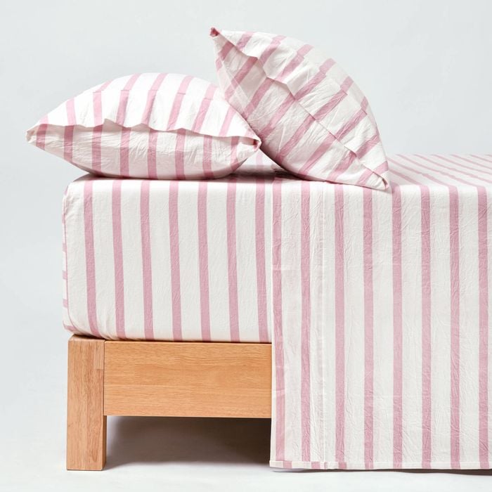 Dreamaker Bask Washed Cotton Yarn Dyed Stripe Sheet Set Pink Pearl Super King