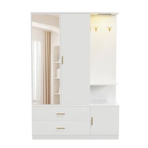 Advwin Armoire Wardrobe Closet with Mirror Doors Sensor Light 3 Doors and 2 Drawers
