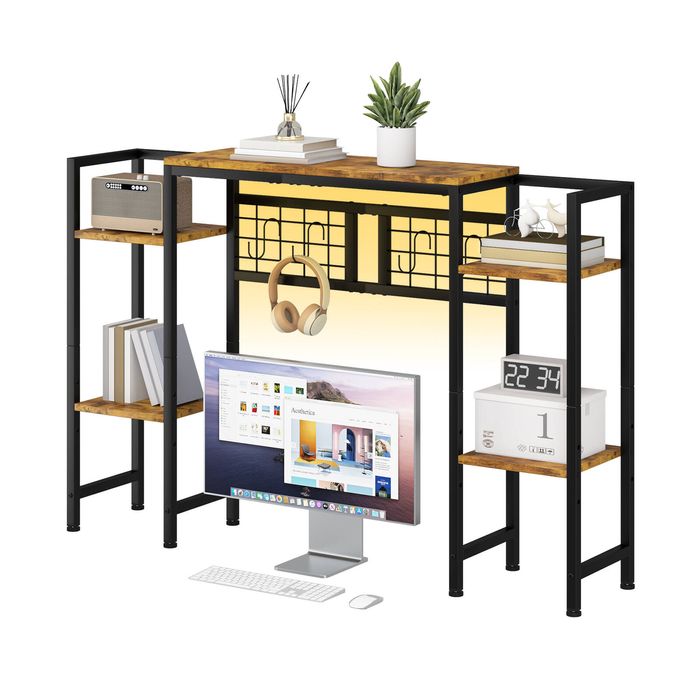Ufurniture 118cm 5-Tier Desk Shelf with LED Light & Pegboard 118cm Desk Display Rack Walnut